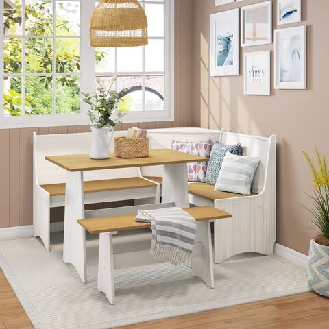 Living Essentials by Hillsdale Gablewood Wood L-Shaped Dining Nook, Washed White with Honey Tops