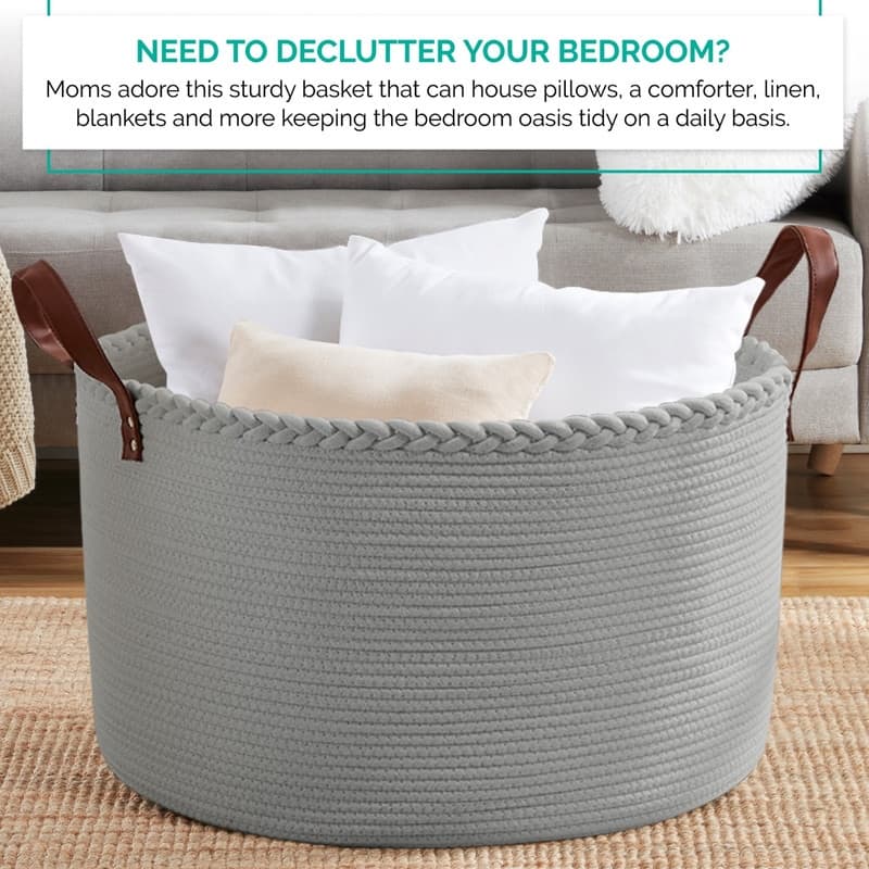 Large Round Cotton Rope Storage Basket Laundry Hamper with Leather Handles, 21 x 21 x 14 - 21" x 21" x 14"