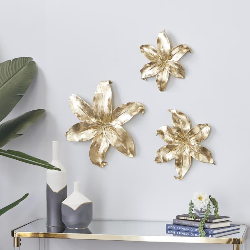 Polystone Floral 3D Home Wall Decor - Set of 3 Gold or Silver - Roche River Decor
