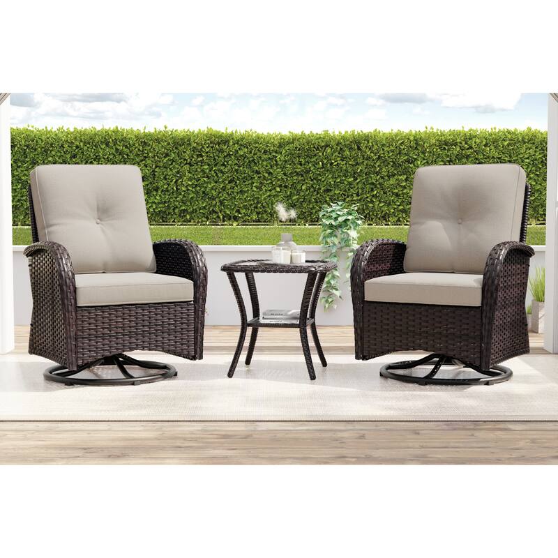 Cozywor 3-Piece Wicker Patio Swivel Outdoor Rocking Chair Conversation Set