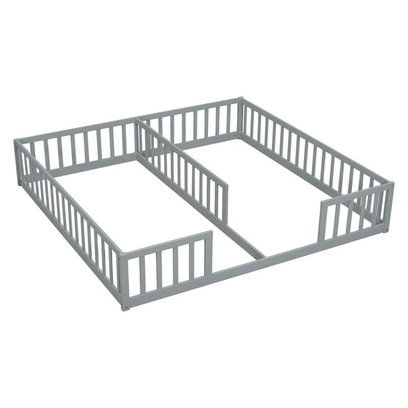 Double Twin Size Pine Wood Floor Bed with Fence, Guardrails, without door