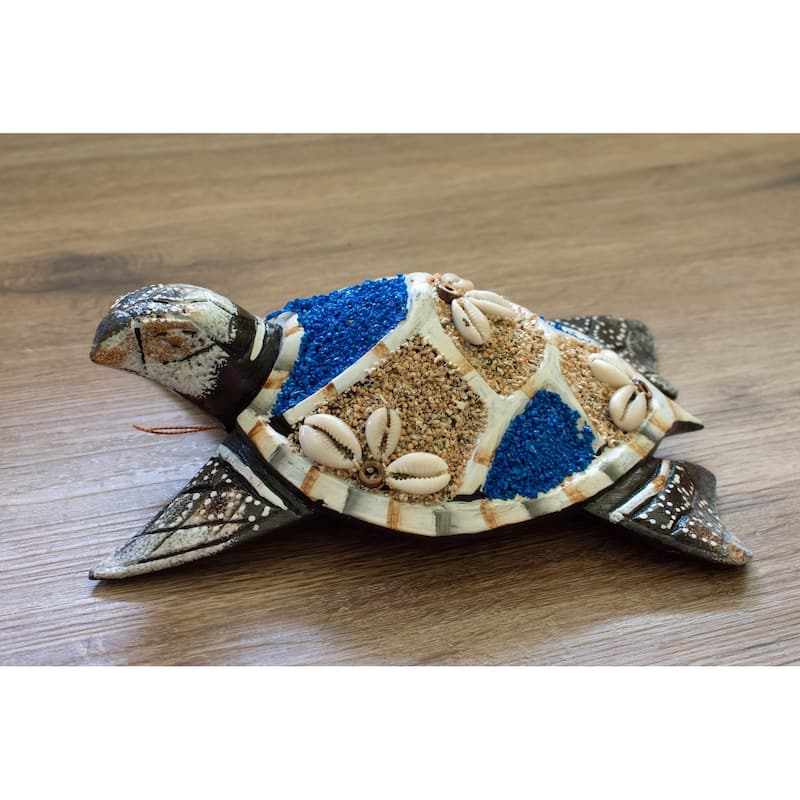 Wooden Tortoise Turtle Home Decor Sculpture Statue Wall Hanging Handmade Seaside Tropical Nautical Ocean Coastal - Blue - 8" long x 5" wide x 2.5" tall