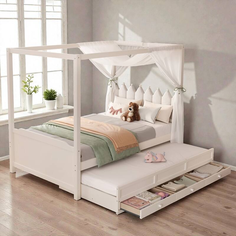 Princess Canopy Platform Bed with Upholstered Headboard, Trundle and 3 Drawers, Kids House Bed Frame with Storage