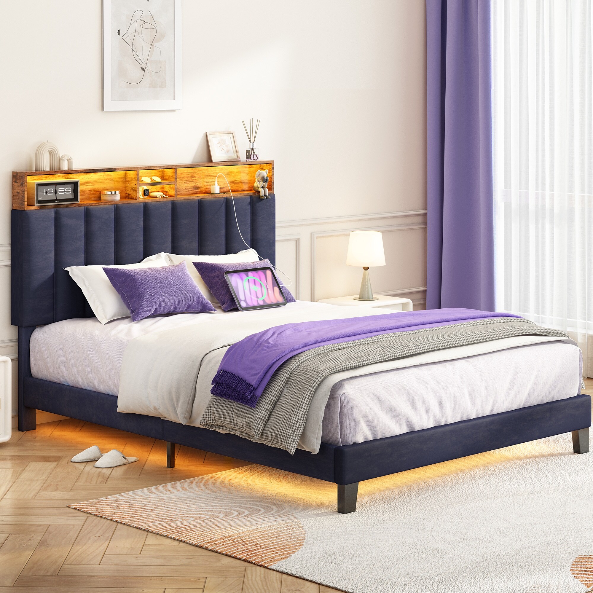 【送料0円】 Full and Wingback with Bed Platform Velvet Frame Bed Queen 洋書