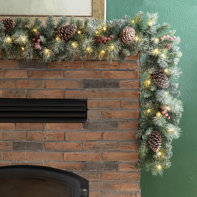 Glitzhome Glittered Pine Cone Christmas Wreath or Garland with LED Light and Timer