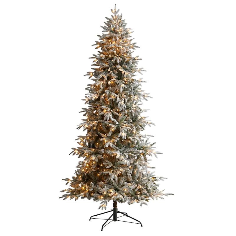 8.5' Pre-Lit Flocked Manchester Spruce Artificial Christmas Tree, White Lights - 8.5 Foot