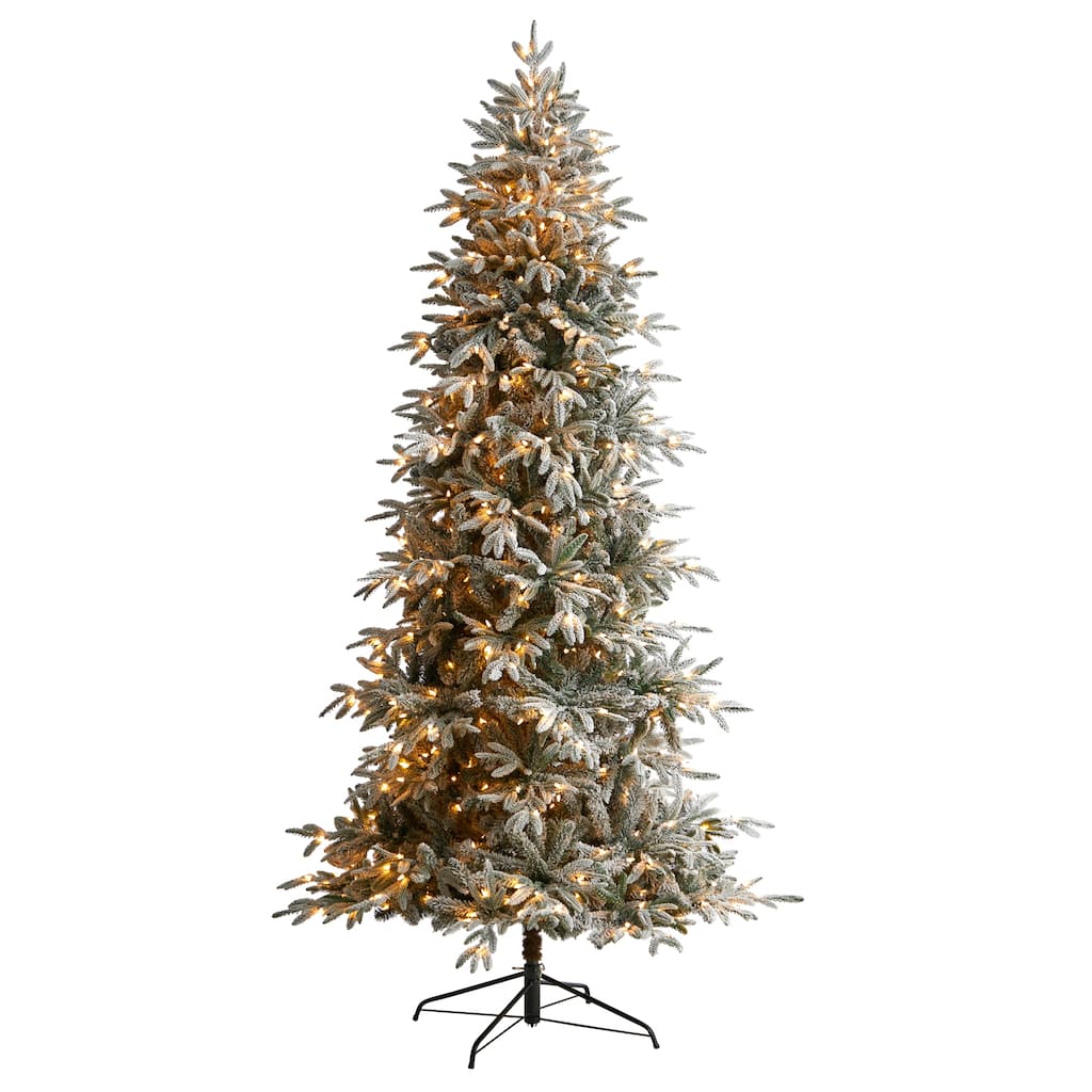 8.5' Pre-Lit Flocked Manchester Spruce Artificial Christmas Tree, White Lights - 8.5 Foot