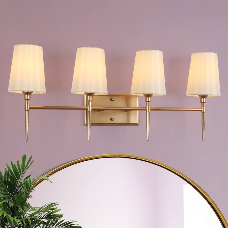Barr Mid-Century Modern Gold 4-Light Bathroom Vanity Lights Fabric Wall Sconces - W 29" x D 6.5" x H 12"