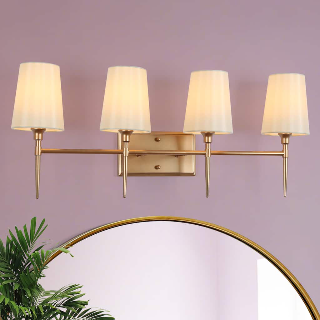 Barr Mid-Century Modern Gold 4-Light Bathroom Vanity Lights Fabric Wall Sconces - W 29" x D 6.5" x H 12"