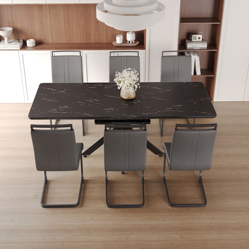 Modern Dining Set with Rectangular Extendable Table & High Back C-shaped Tube Armless Chairs