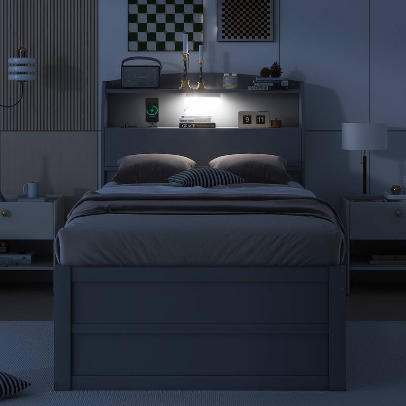 Wood Captain Bed Platform Bed with Trundle and 3 Drawers, Single Bed Frame with Storage Headboard and Integrated LED Light