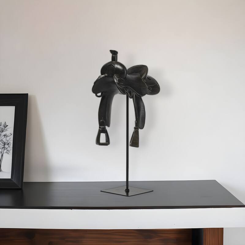 HomeRoots 16" Black Metal and Resin Horse Saddle Tabletop Sculpture