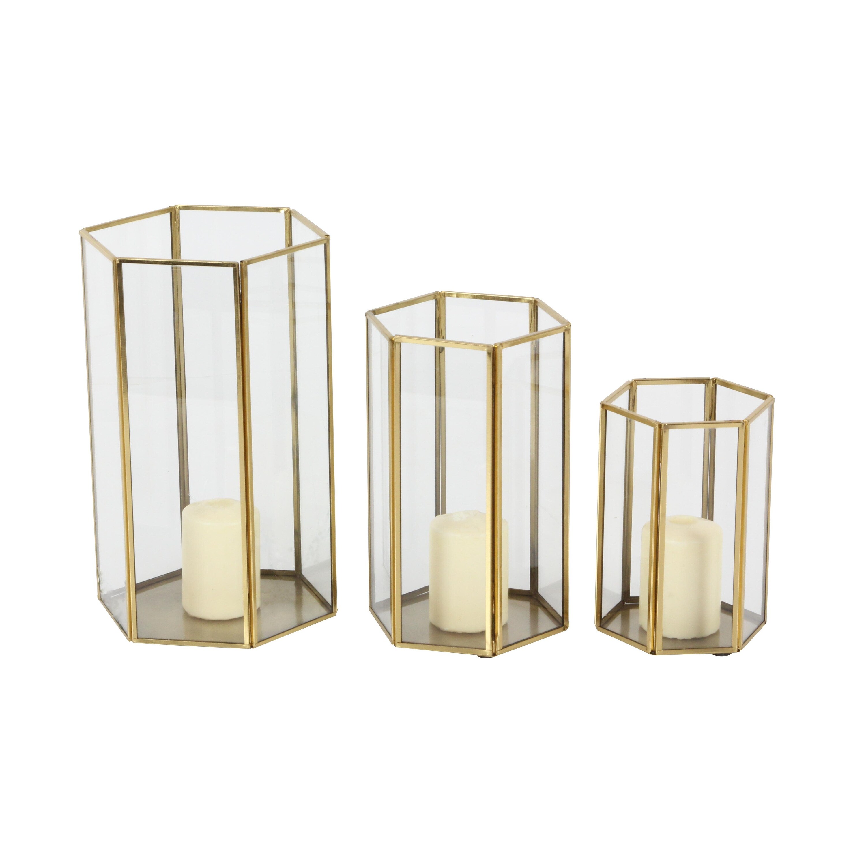 CosmoLiving by Cosmopolitan - Glass Decorative Candle Lantern with Metal Plate - Set of 3 Gold