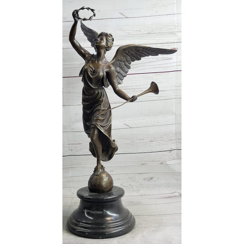 Bronze Sculpture Statue Figure Of Winged Female Angel Holding Wreath Trumpet Horn
