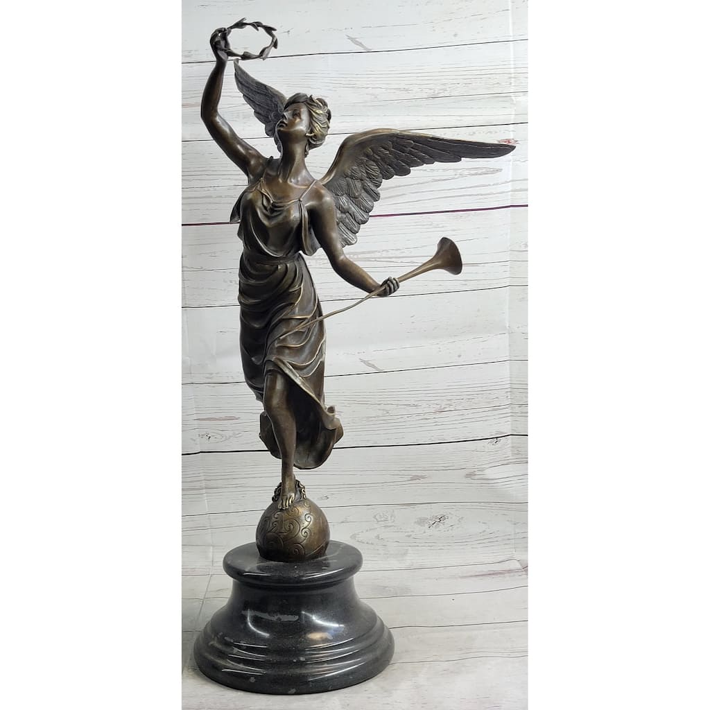 Bronze Sculpture Statue Figure Of Winged Female Angel Holding Wreath Trumpet Horn
