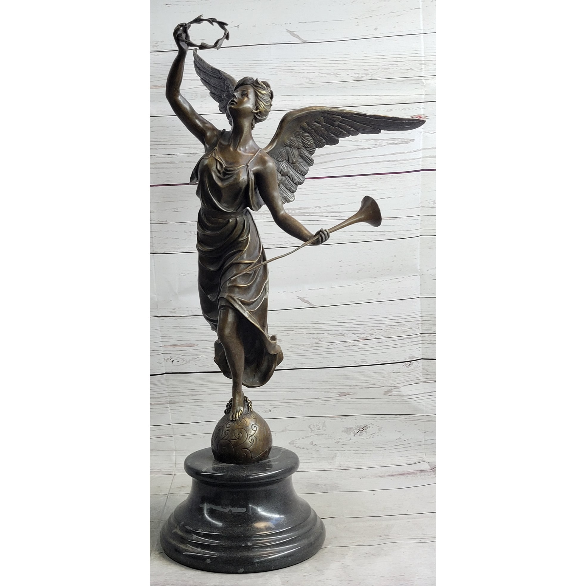 Bronze Sculpture Statue Figure Of Winged Female Angel Holding Wreath Trumpet Horn
