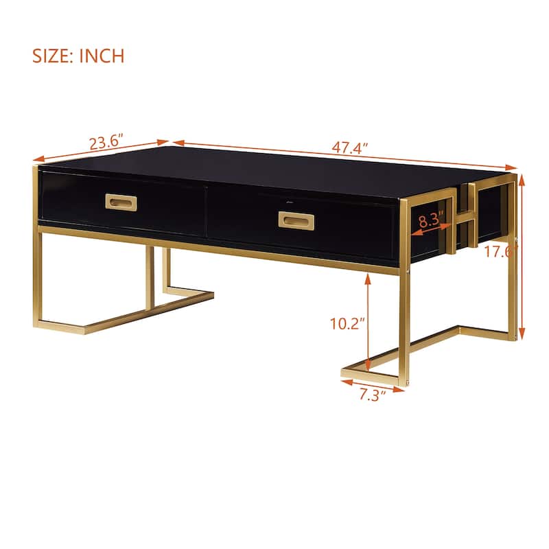 Modern Rectangular Coffee Table with 4 Drawers and Gold Base in 47.3"
