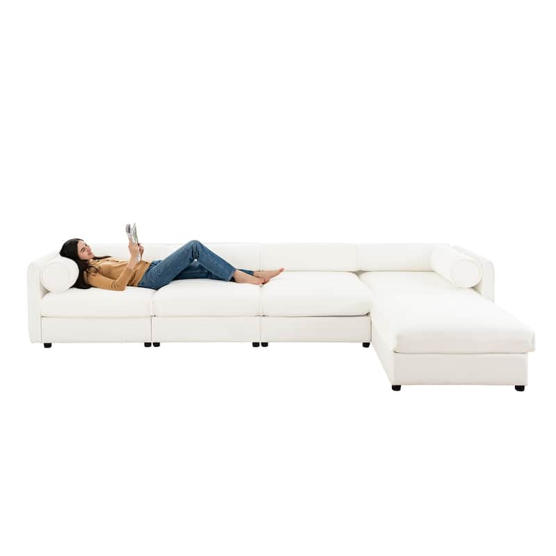 L Shaped Modular Sectional Sofa 142.5" Chenille 4 Seat Couch w/Ottoman - White+4 Seat+1 Ottoman