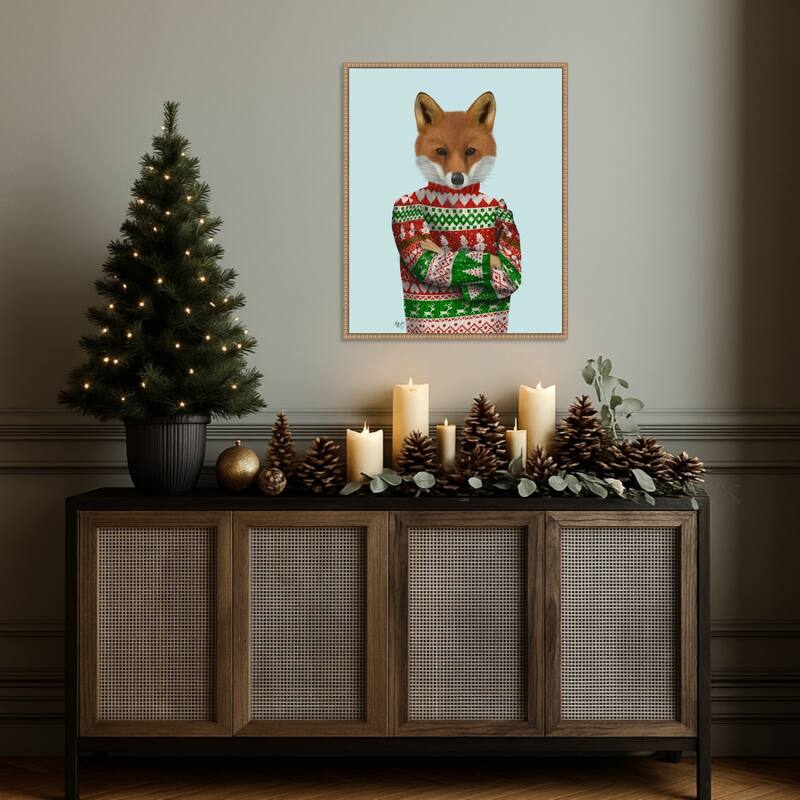 Fox in Christmas Sweater by Fab Funky (23 x 28 in.), Framed Canvas Wall Art Print - Sylvie Beaded Rustic Natural