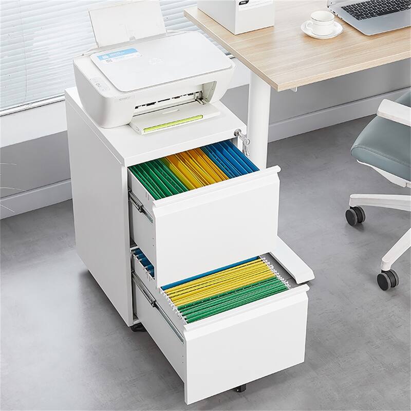 2 Drawer File Cabinet w/Lock,Metal Under Desk Rolling Filing Cabinet - White