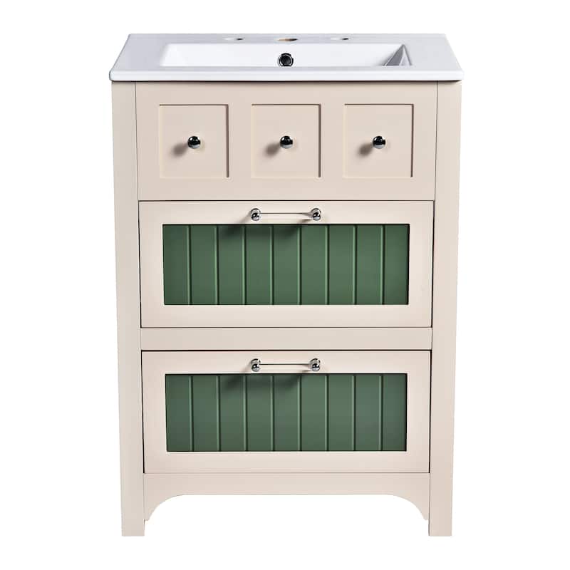 24" Wood Bathroom Vanity with Ceramic Sink and 2 Drawers