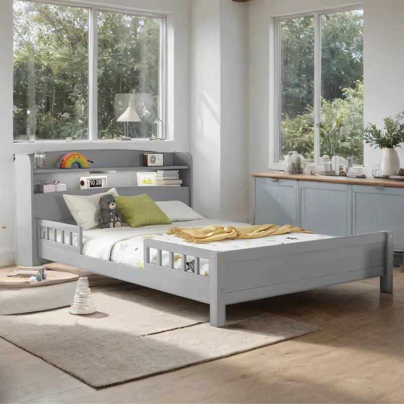 Full Size Pine Bed w/ Bookcase Headboard ,LED Sensor Light, Guardrails