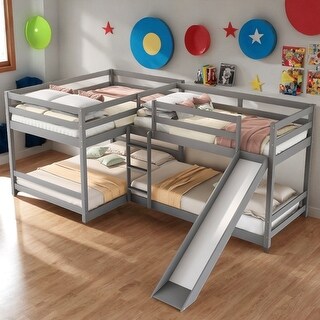 4 Beds in 1 Full and Twin Size Bunk Bed, Pine Wood L-Shaped Kids Loft Bed Frame with Slide and Short Ladder, Grey