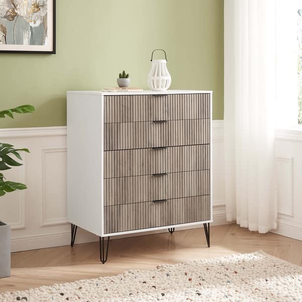 slide 2 of 70, Manhattan Comfort Dumbo Modern 5-Drawer Tall Dresser. White and Grey