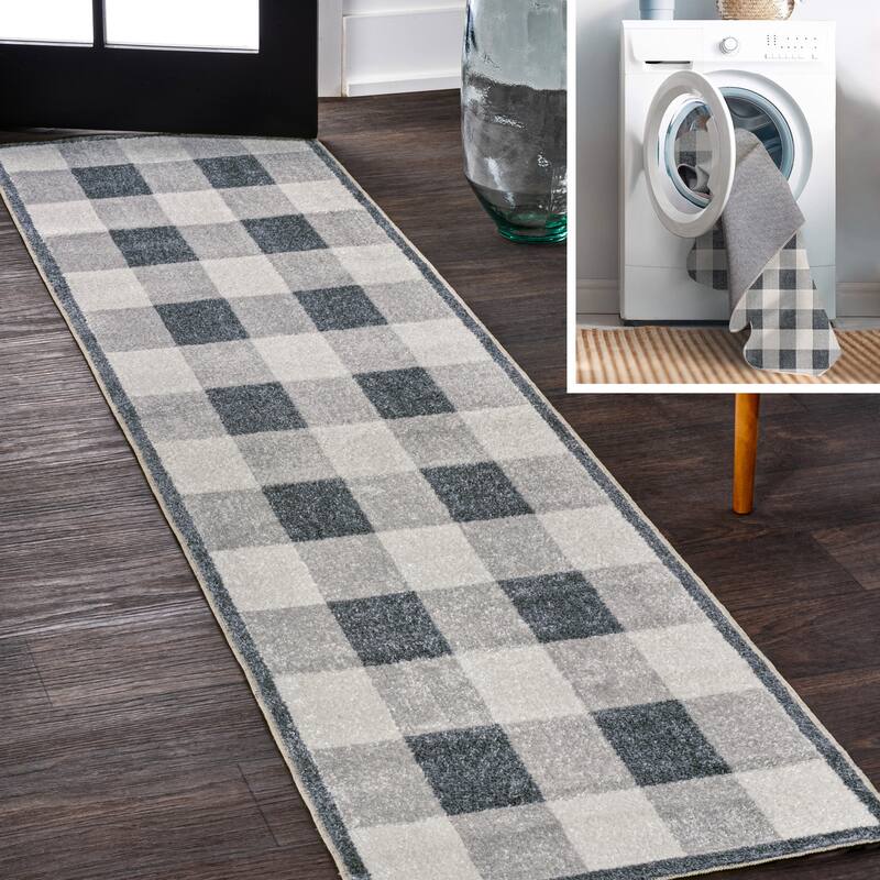 JONATHAN Y Shutter Gradient Plaid Cottage Machine-Washable Light Gray/Dark Gray/Cream Area Rug - 2 X 8