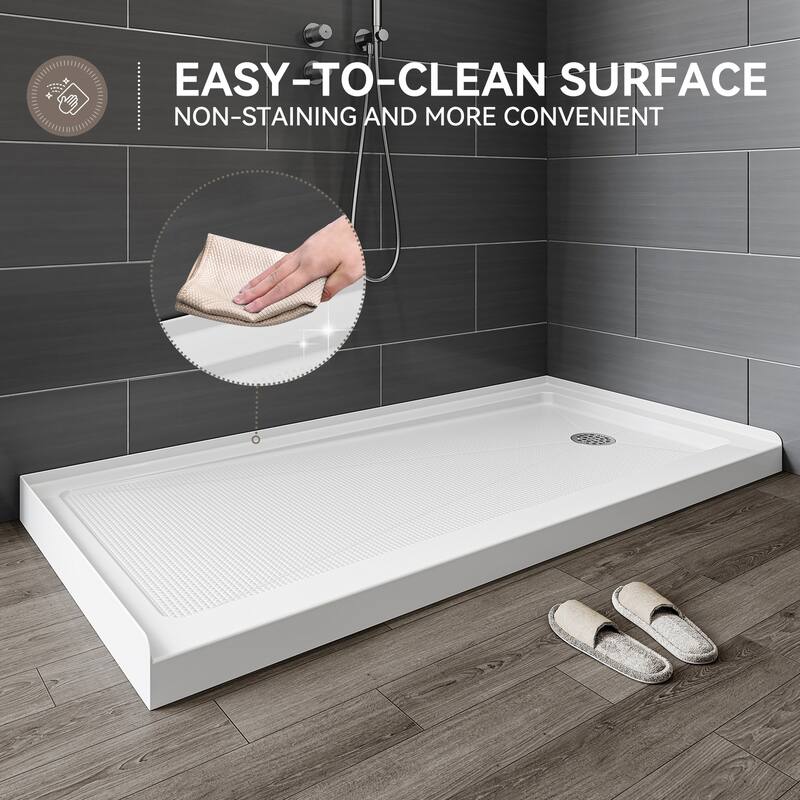 HOROW 60 x 30 Inch Alcove Shower Pan Base in High Gloss White with Wide Threshold Design - Right Drain Location