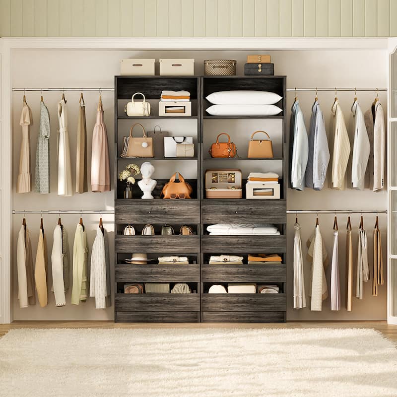 Qvella 95''-136'' W Closet System with 8 Wooden Drawers and 4 Hanging Rods, Walk-in Closet Organizer with 6 Storage Shelves - Black Oak
