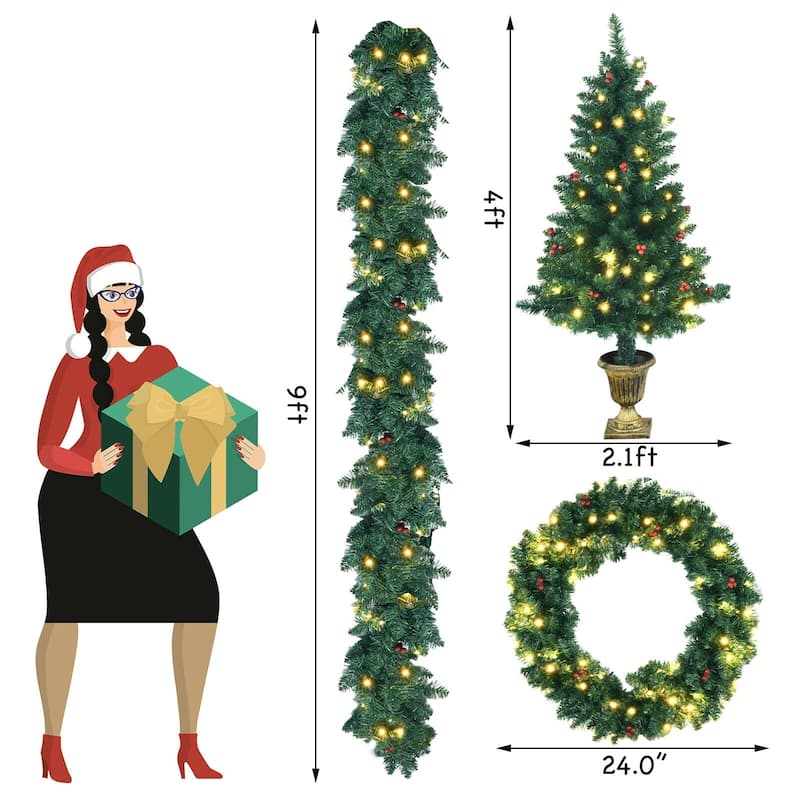 4 Feet Artificial Christmas Tree with LED Lights, Matching Wreath and Garland for Home Decor - 4 ft
