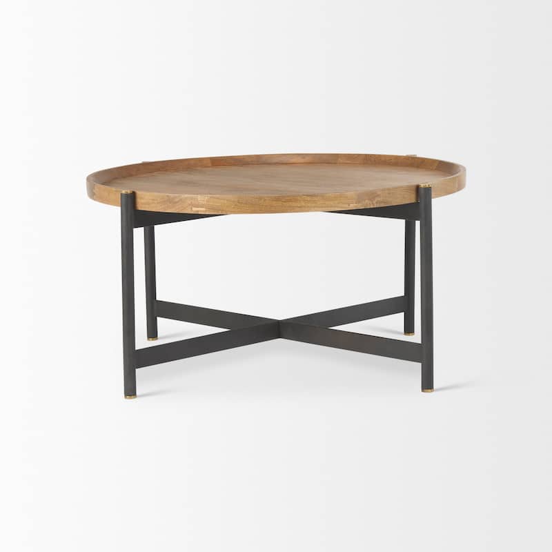 Marquisa Medium Brown Solid Wood w/ Black Iron Frame 34" Round Coffee Table - 34"L x 34"W x 16.5"H