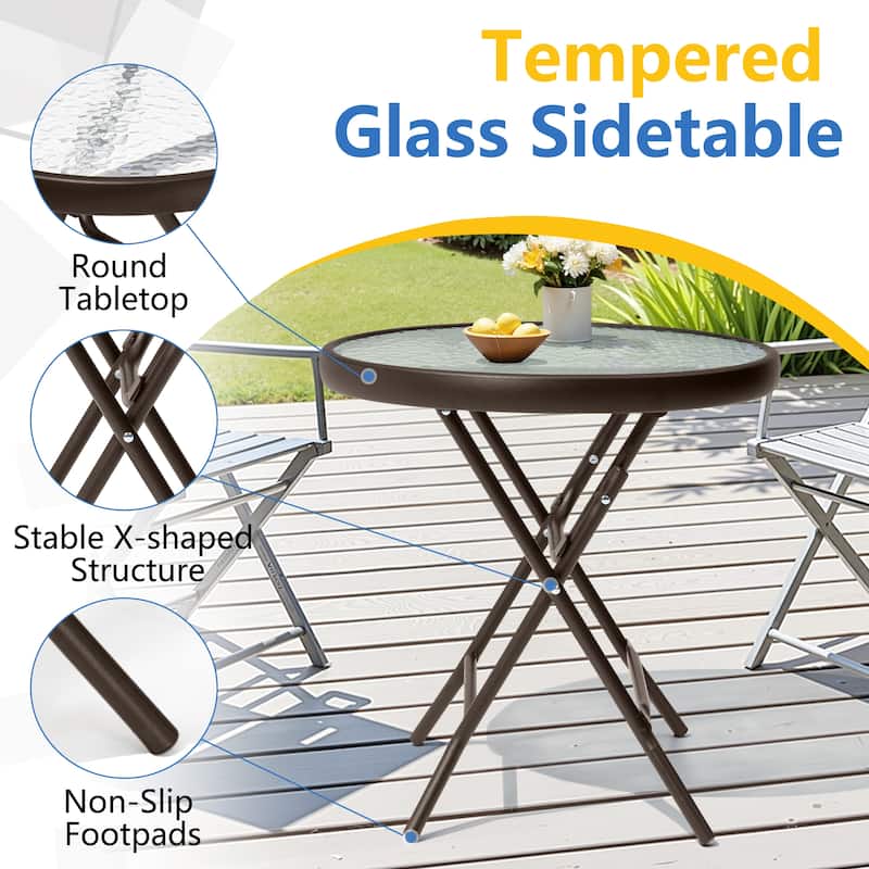Outdoor Patio Folding Round Table Tempered Glass Top