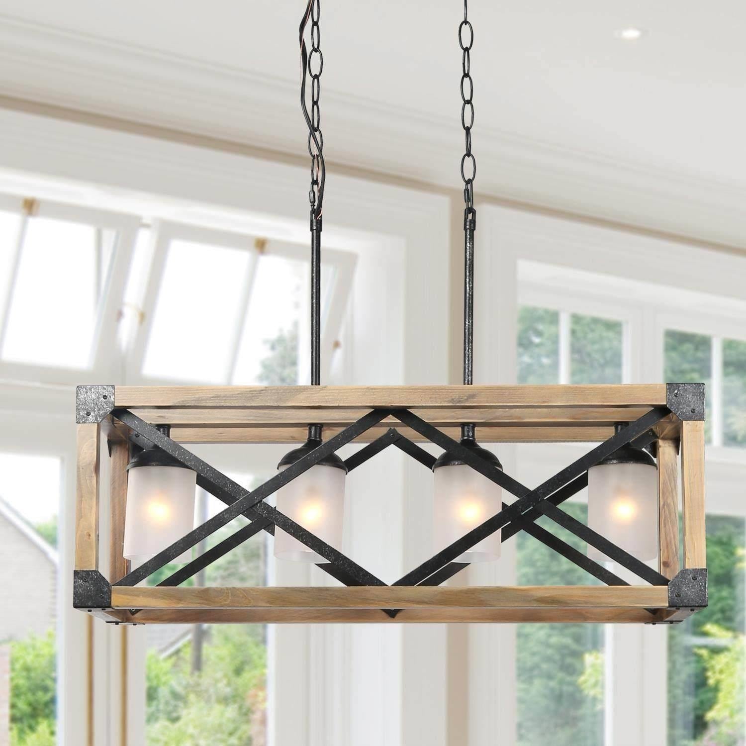 Farmhouse Wood 4-Light Linear Chandelier with Glass Shade for Kitchen Island - L27.5"xW9.8"xH9.8"