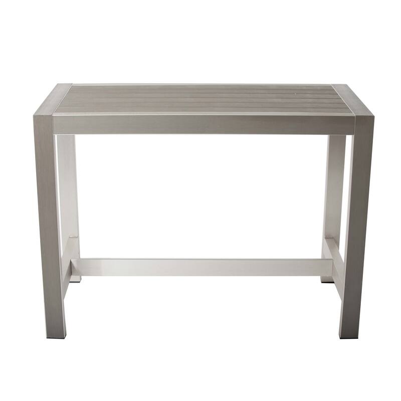 Kylo 59 Inch Outdoor Bar Table, Gray Aluminum Frame, Plank Surface, Large - Grey