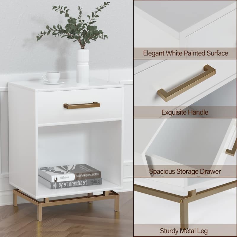 Anmytek 1-Drawer Modern White Gold Nightstand Accent Table End Side Table with Open Shelf for Bedroom