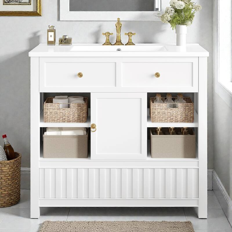 36" Bathroom Vanity with Sink, Solid Wood & MDF Cabinet with Door, Drawer and Open Storage Shelves