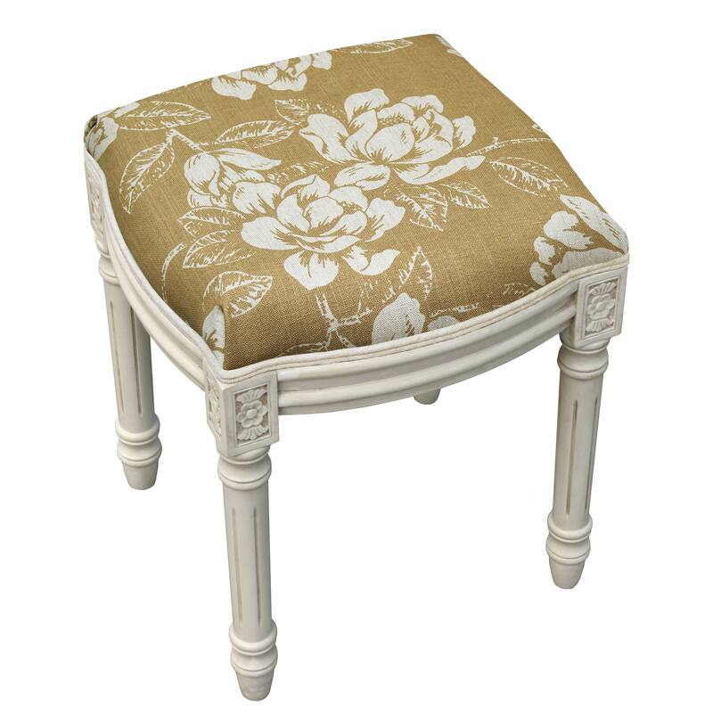 Tan Magnolia Vanity Stool with antique white finish