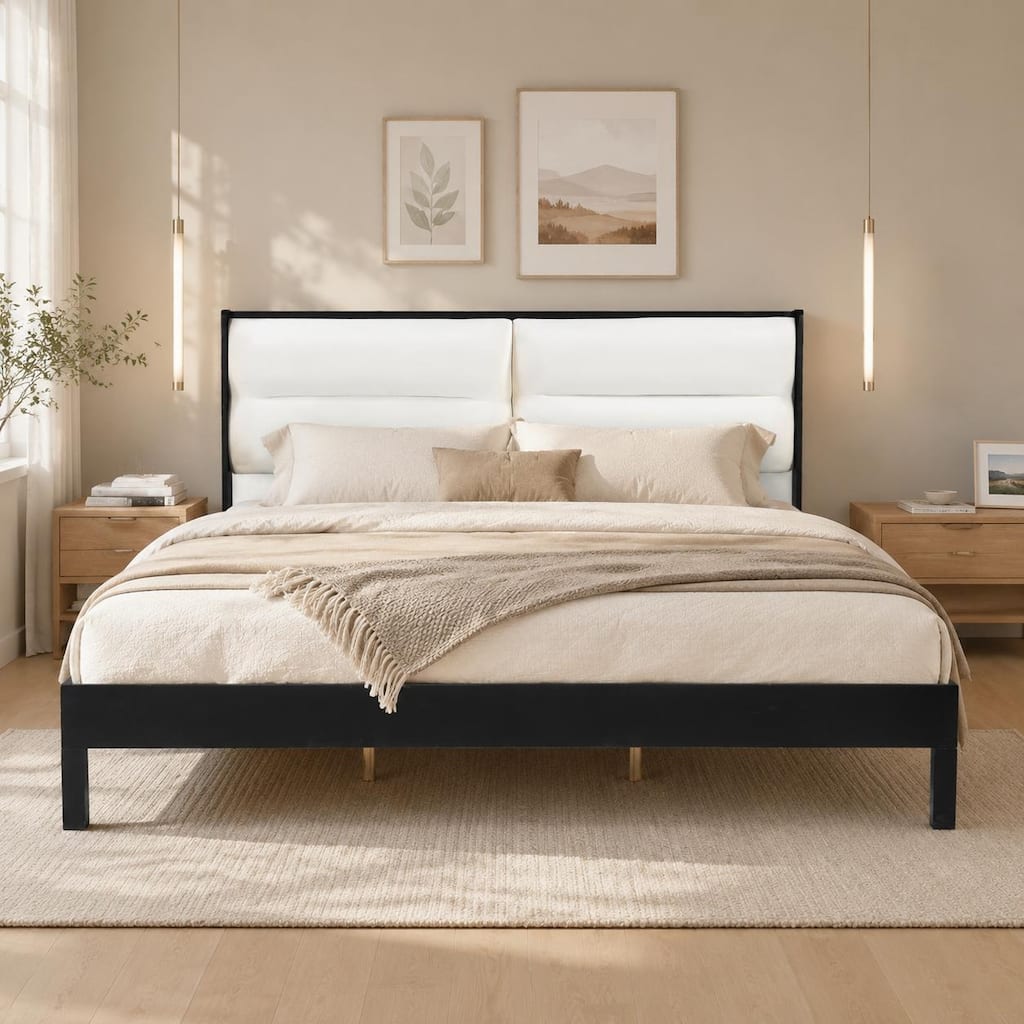 Solid Wood Platform Bed with Soft Beige Velvet Upholstered Headboard by Harper&Bright Designs