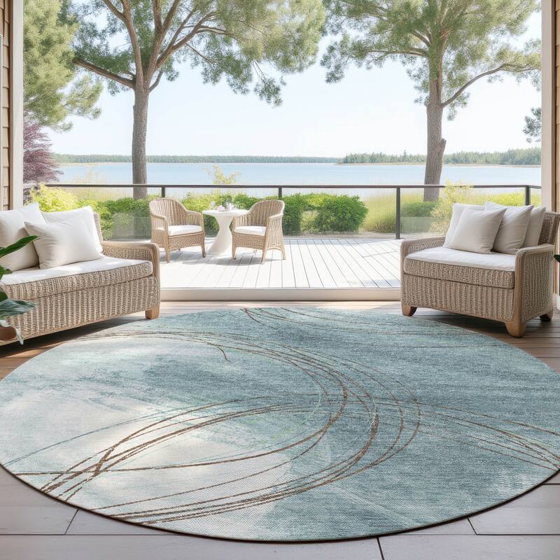 Machine Washable Indoor/ Outdoor Abstract Modern Chantille Rug - Teal - 8' x 8'