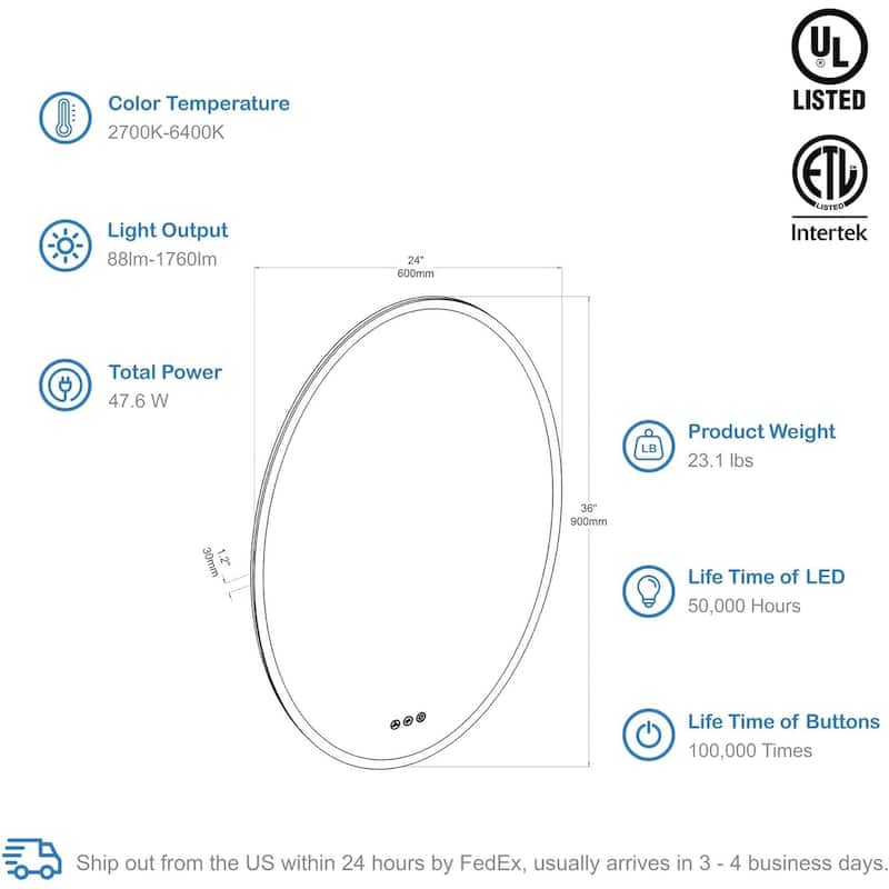 Oval LED Lighted Makeup Mirror for Bathroom Vanity