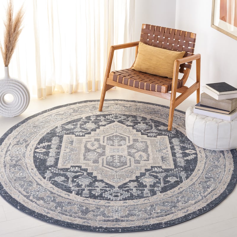 SAFAVIEH Blair Machine Washable Munevera Slip Resistant Rug - 6'7" Round - Beige/Navy