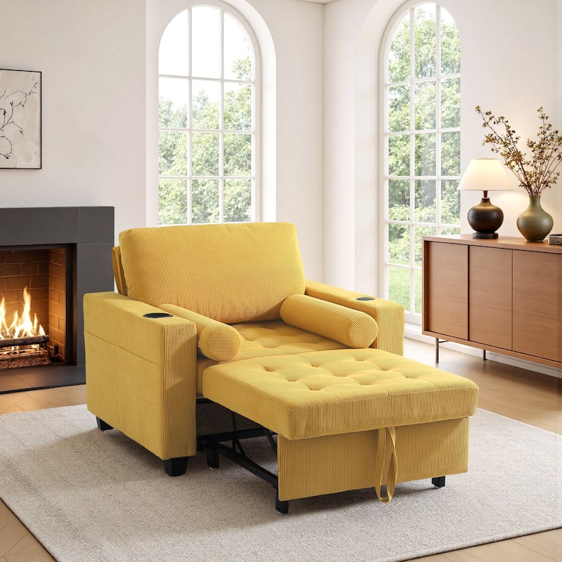 3-in-1 Pull-Out Sleeper Chair Bed Convertible Adjustable Lounge - Yellow