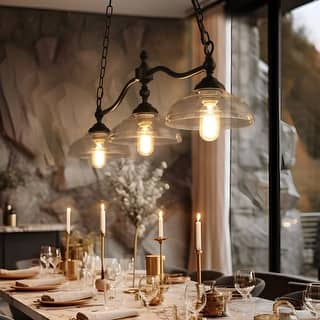 Modern Farmhouse 3-Light Linear Black Chandelier Glass Kitchen Island Lights for Dining Room - W38"x W7.9" x H8.3"