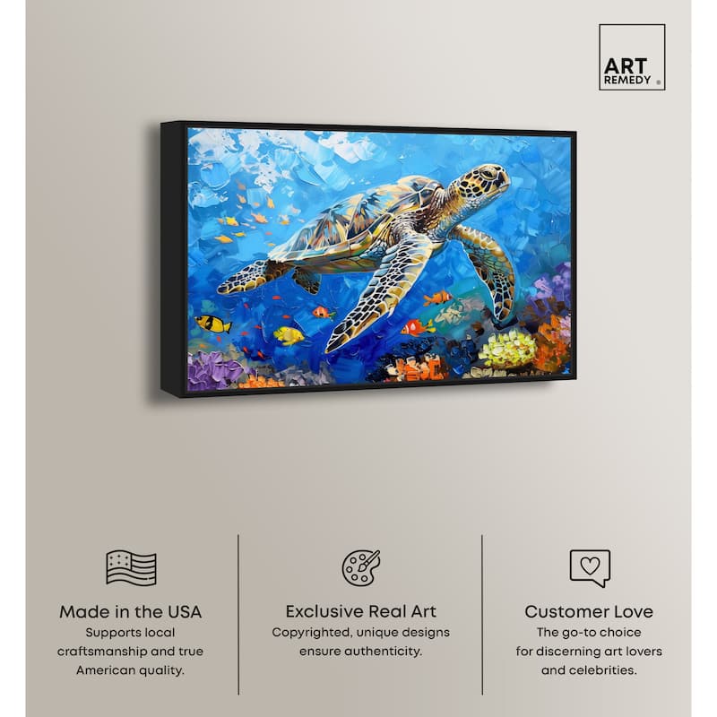 Art Remedy Turtle Swimming Framed Colorful Coastal 1 Piece Canvas Wall Art