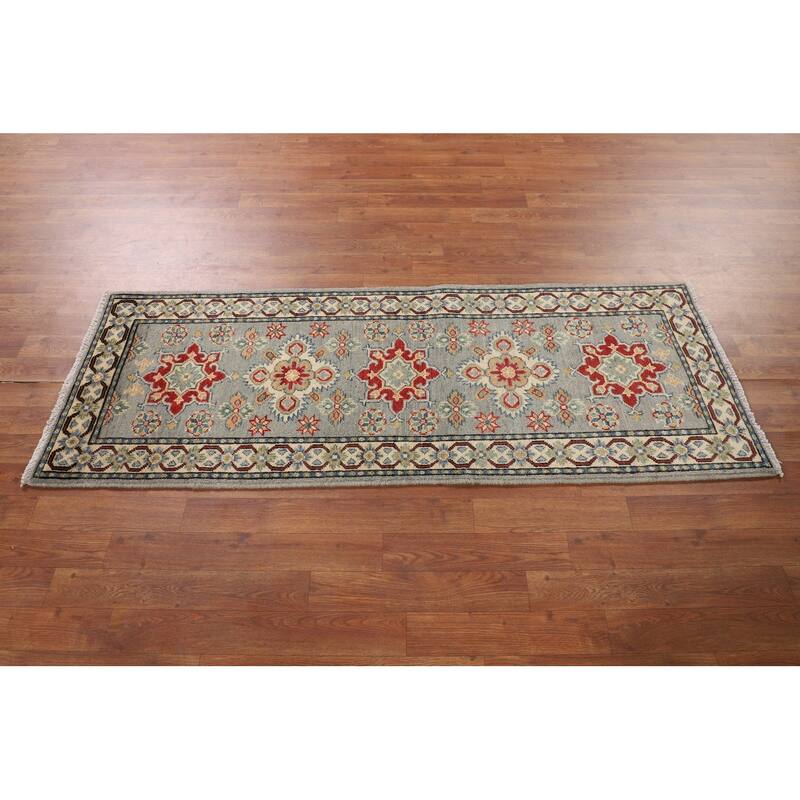 Geometric Kazak Oriental Runner Rug Hand-Knotted Wool Carpet - 2'1" x 5'9"