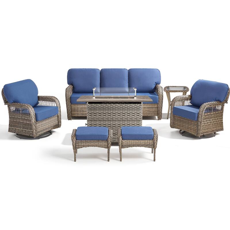 Pocassy Outdoor Fire Table with Swivel Chair Sofa Ottoman Funiture Set.