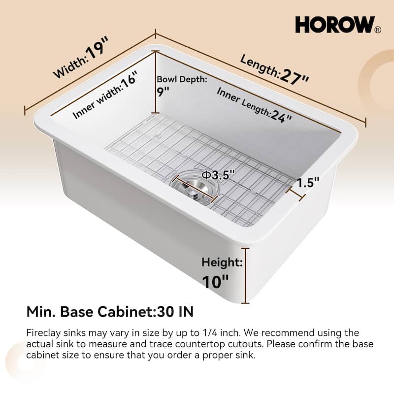 HOROW Undermount Fireclay 27 in. Single Bowl Kitchen Sink, with Grid and Strainer in White