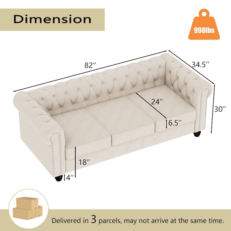 Morden Fort Velvet Upholstered Chesterfield Sofa with Nailhead and Solid Legs for Living Room